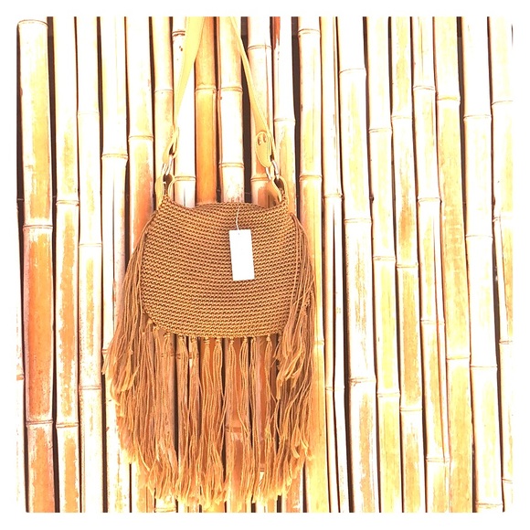 Boutique Handbags - NEW Small Tan Cognac Crochet Fringe Shoulder Bag